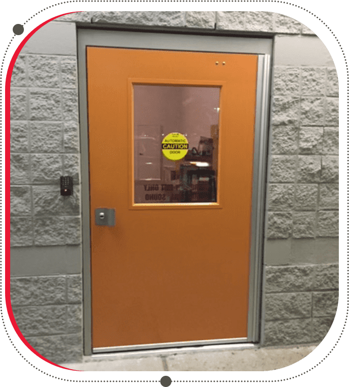 A door with a yellow sticker on it.